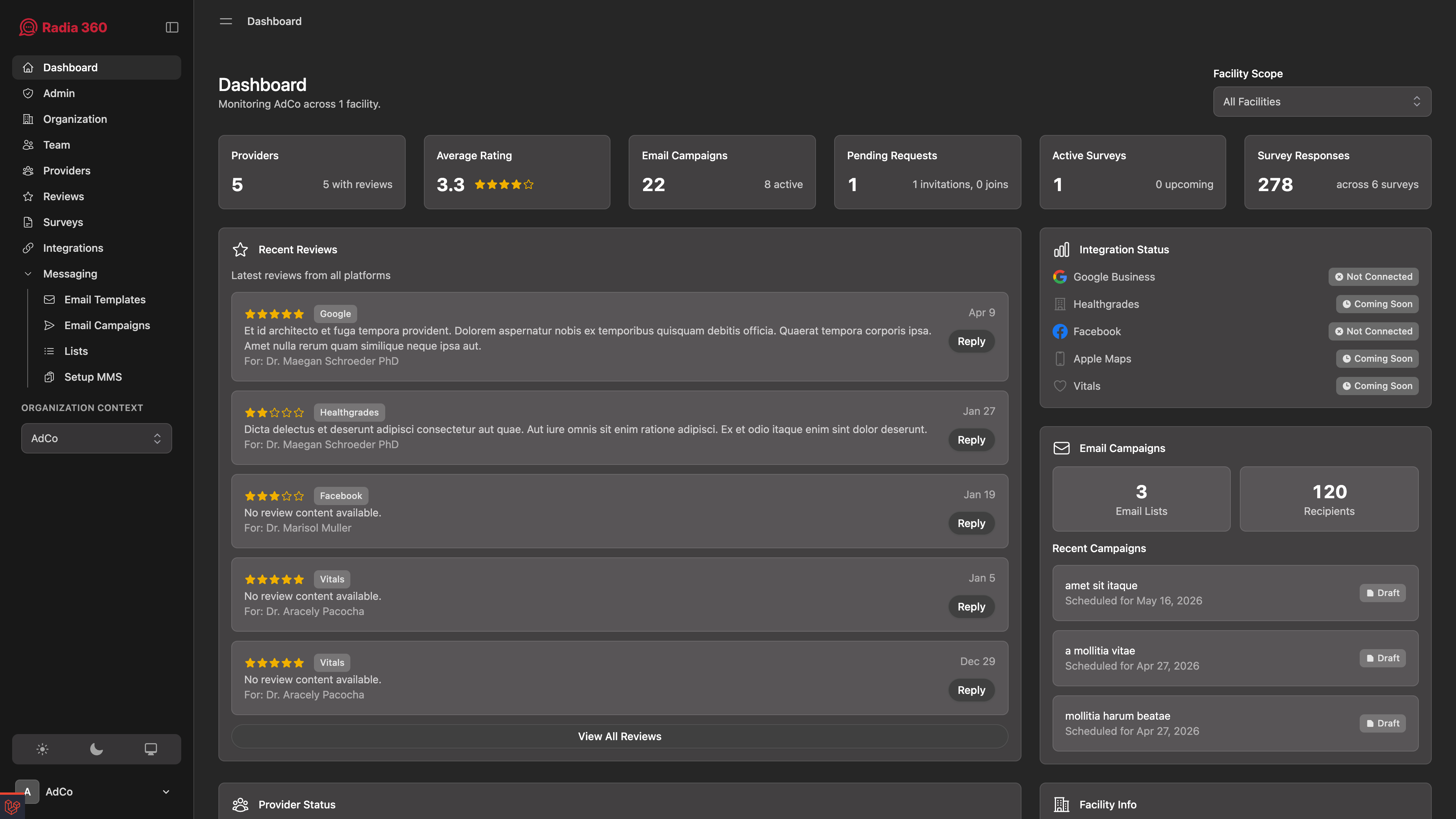 Radia 360 dashboard preview